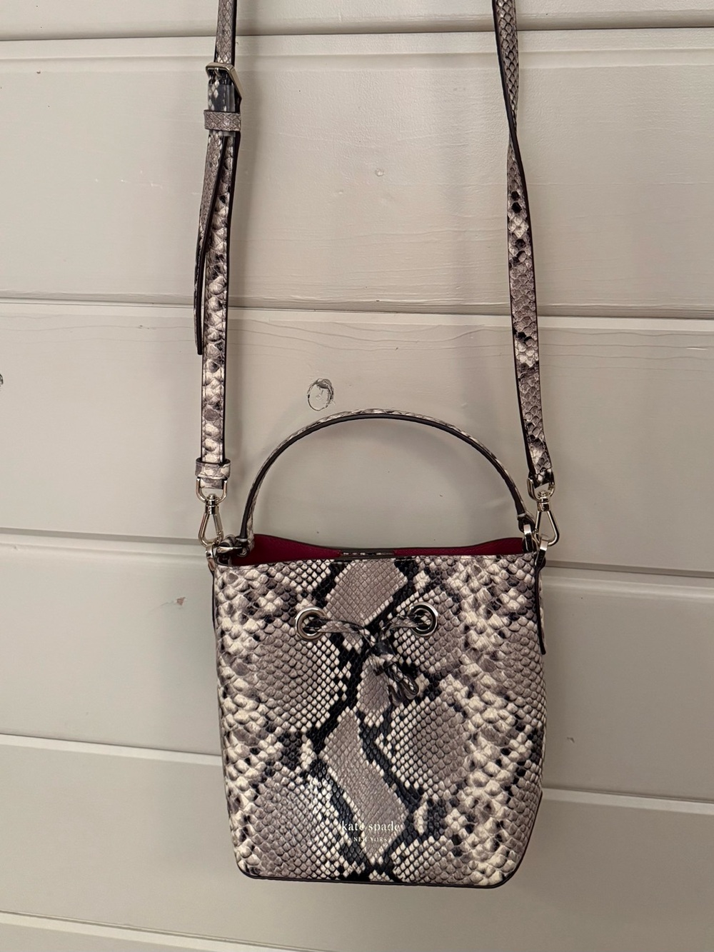 kate spade Snake-Print Crossbody Bucket Bag in Gray with Red Interior